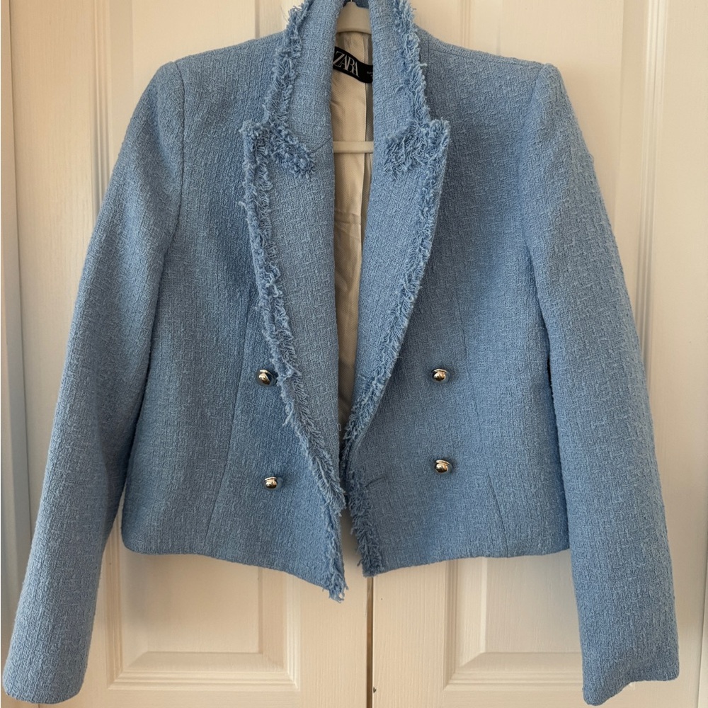 Zara frayed blue tweed cropped jacket size M